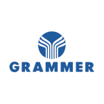 Grammer logosu, mavi arka plan üzerinde beyaz